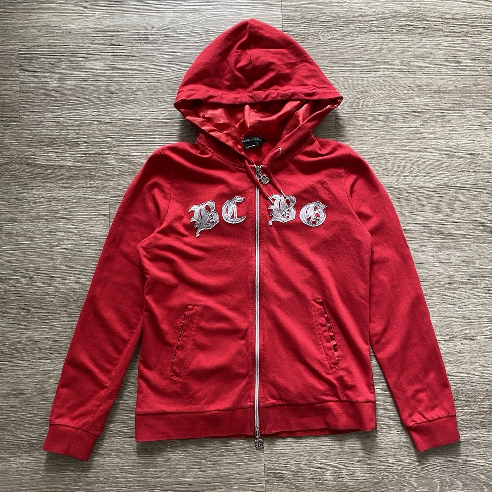 BCBG Maxazria Y2K Spellout Full Zip Hoodie Sweatshirt Women's L Red Lined Fleece